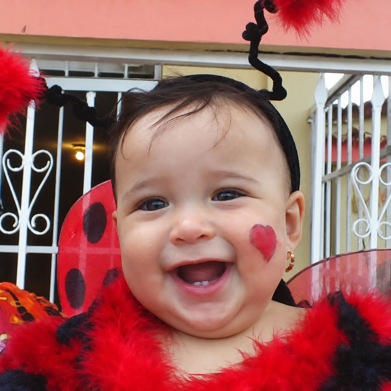 Valery bebé sonriendo con disfraz de mariquita